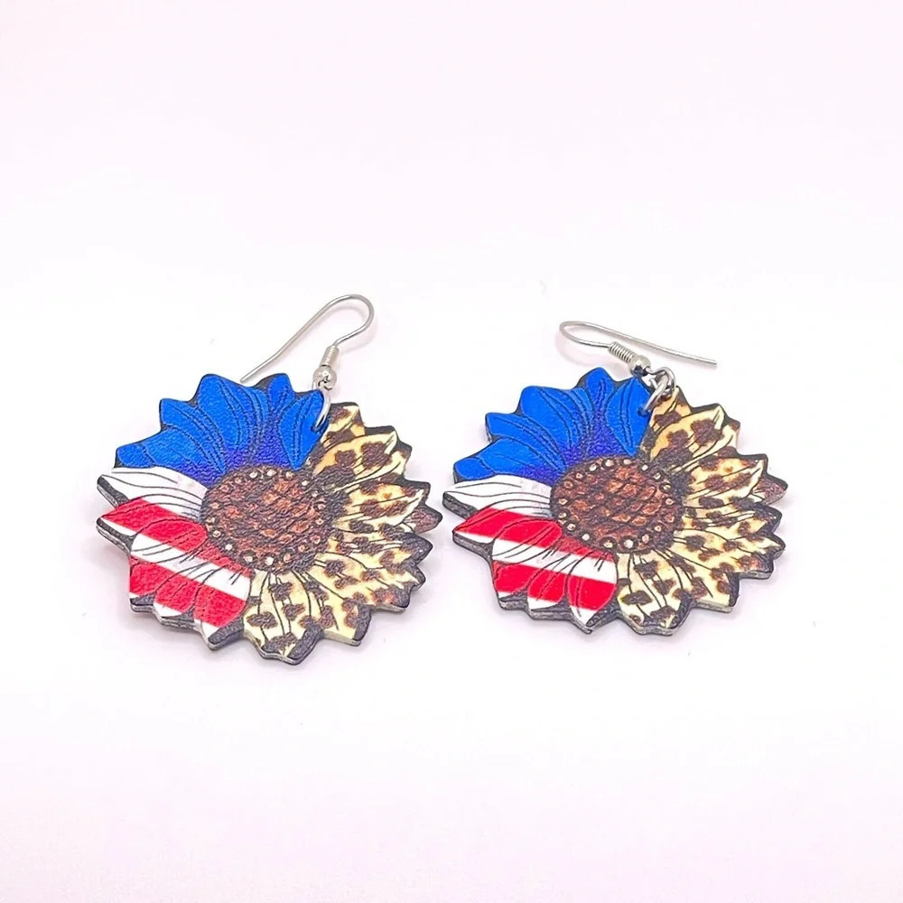 Boho USA American Flag Earrings Fishhook Sunflower Leopard Print